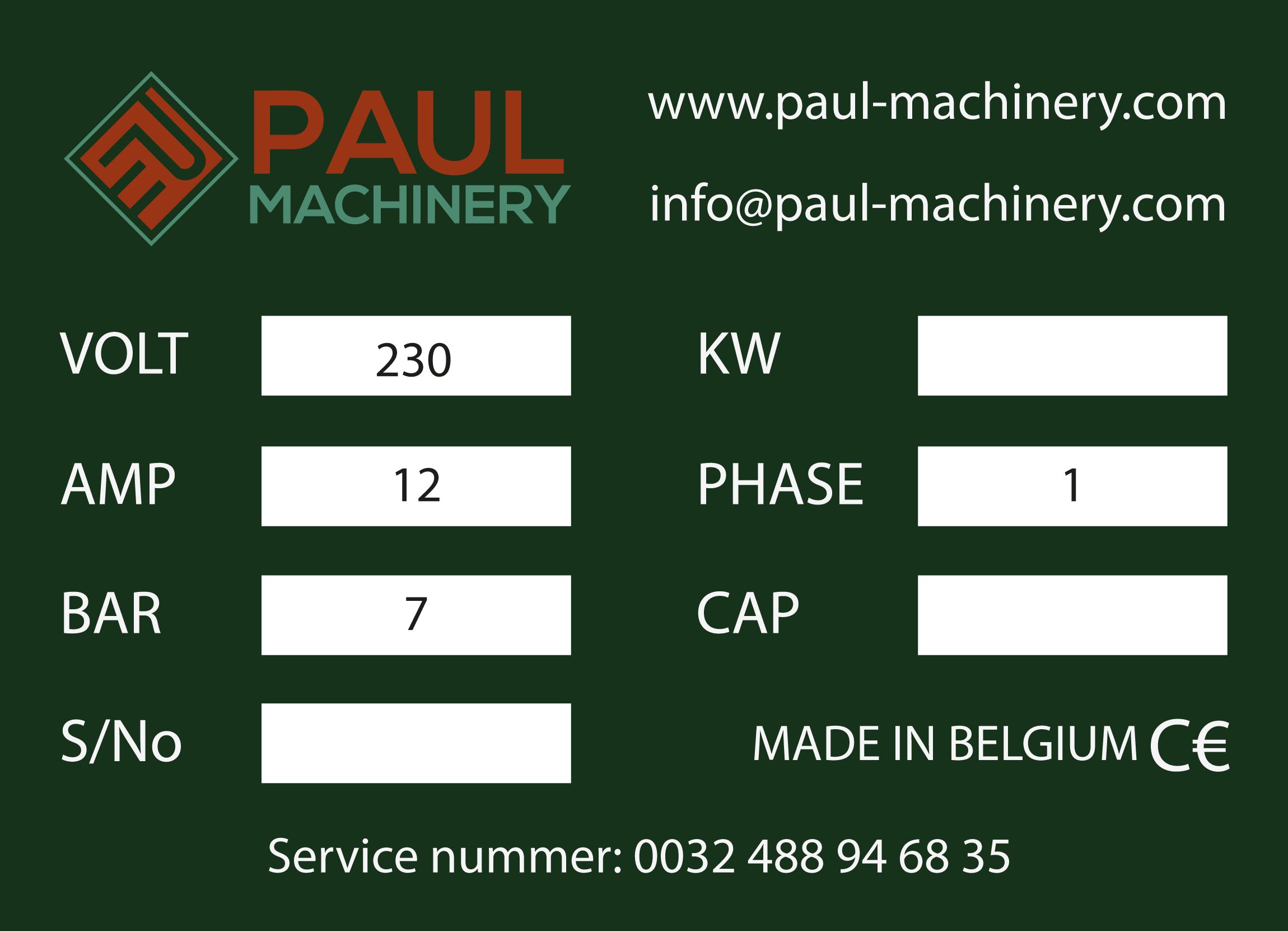 Sticker Laten Maken Paul Machinery Tabel